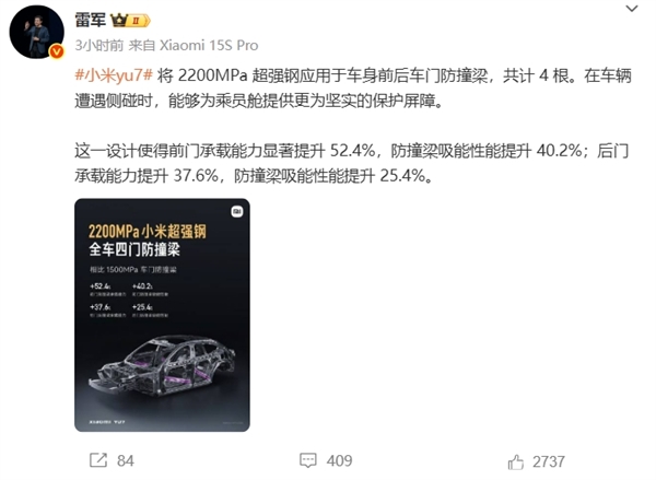 小米YU7官宣6月底发布！雷军：4门搭载4根2200MPa小米超强钢防撞梁  更耐撞