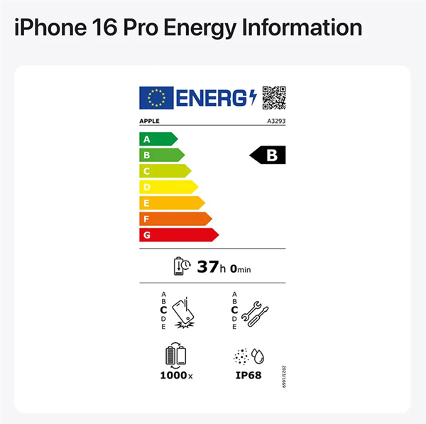 苹果欧盟官网加入能效标签：iPhone 16 Pro能效为B级