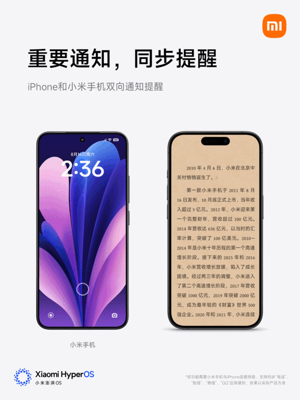 iPhone可直接回复小米手机快科技消息！小米澎湃OS 3跨生态互联全新升级