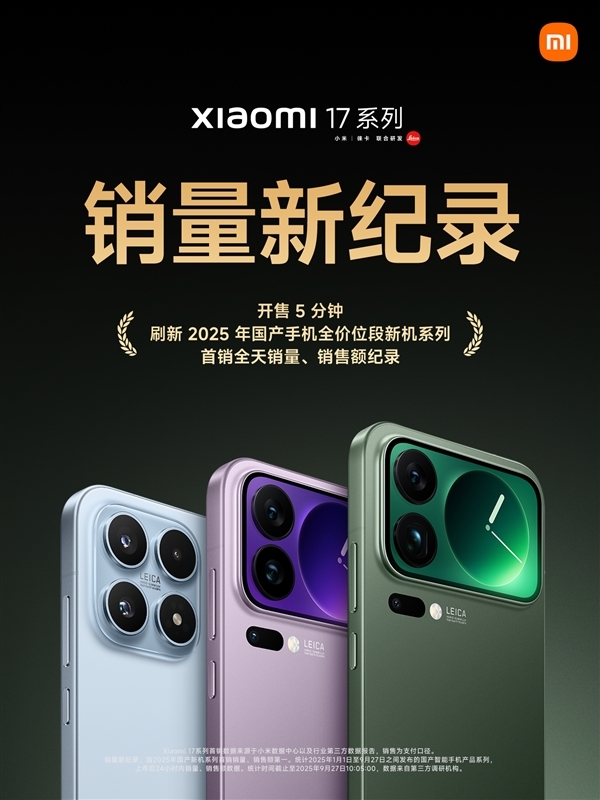 卢伟冰确认小米17系列销量超过100万：比往代速度更快