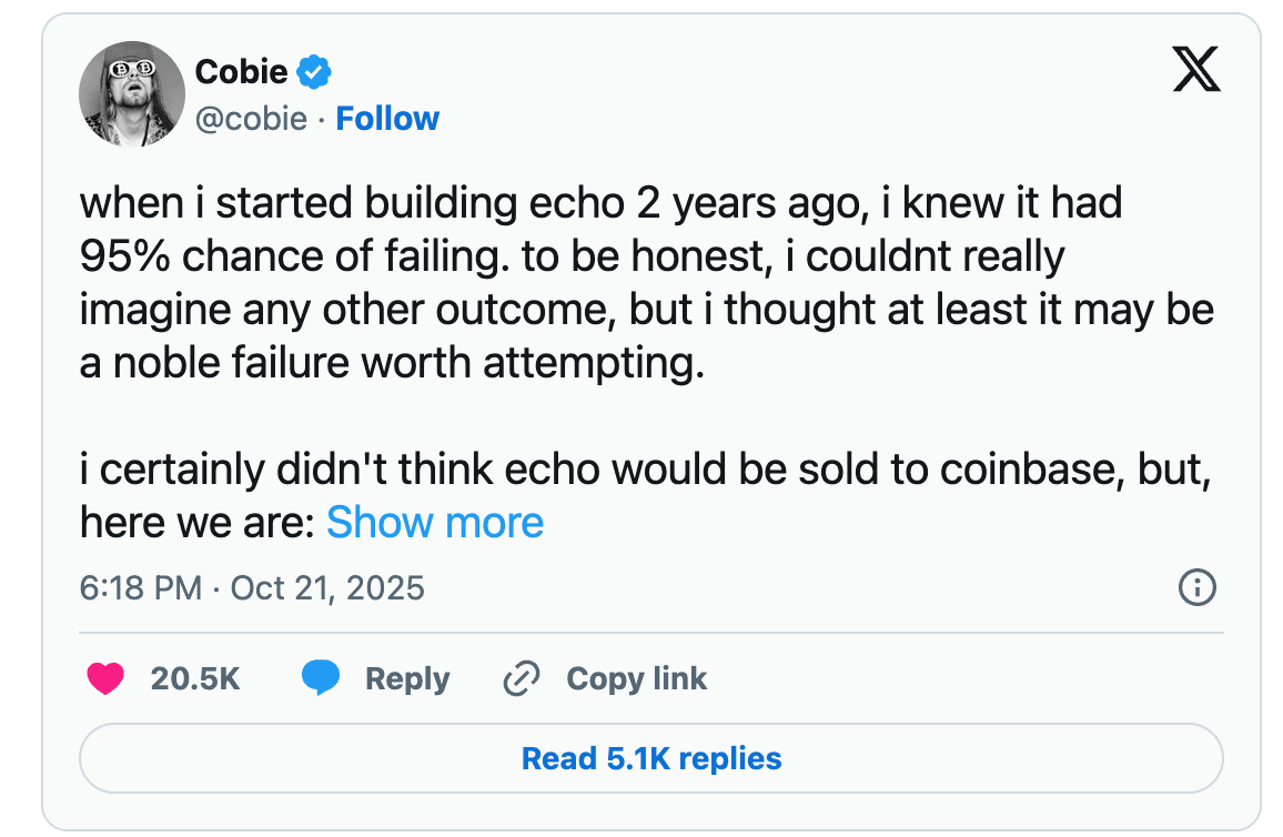Coinbase收购Echo背后:Cobie从200美元到4亿美元的13年加密传奇