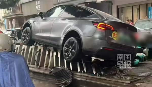 特斯拉事故骑到共享自动车头上 女司机在车上被吓哭