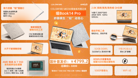 七彩虹MEOW喵Book14 Pro轻薄本上市:锐龙AI 7 350 全金属一体化机身