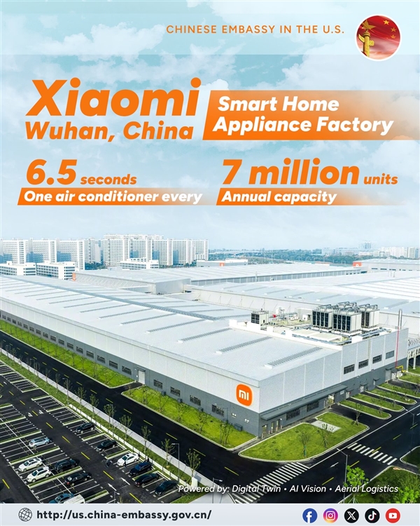 中国驻美大使馆点赞小米家电工厂:6.5秒一台高端空调 年产能700万台