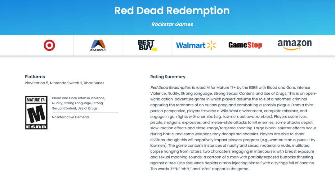 荒野大镖客：救赎ESRB分级