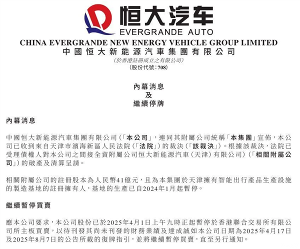 烧了数百亿 只交付1000多辆车！恒大汽车又一附属公司遭破产清算