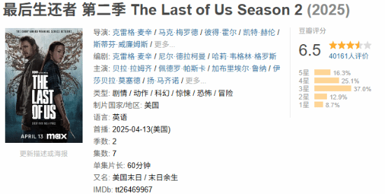 豆瓣6.5分!《最后生还者》S2获TGA最佳改编提名