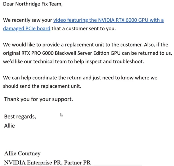 1万美元的RTX PRO 6000显卡损坏没法修：NVIDIA同意换新了！