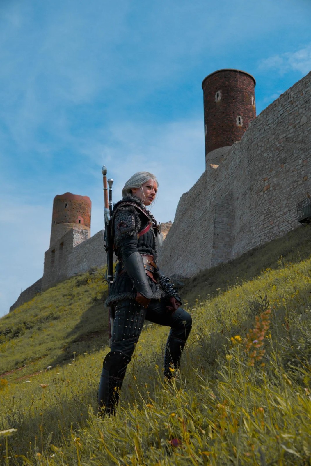 城堡背景下的战斗姿态