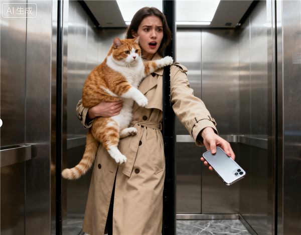 女子抱猫进电梯手机掉进电梯缝 急中生智取出手机