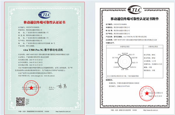 首款符合可靠性国标的手机!vivo Y500 Pro获颁证书:最高等级通过测试