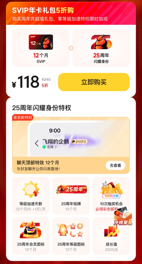 QQ会员25周年庆重磅福利:年卡五折、等级加速+1天回归