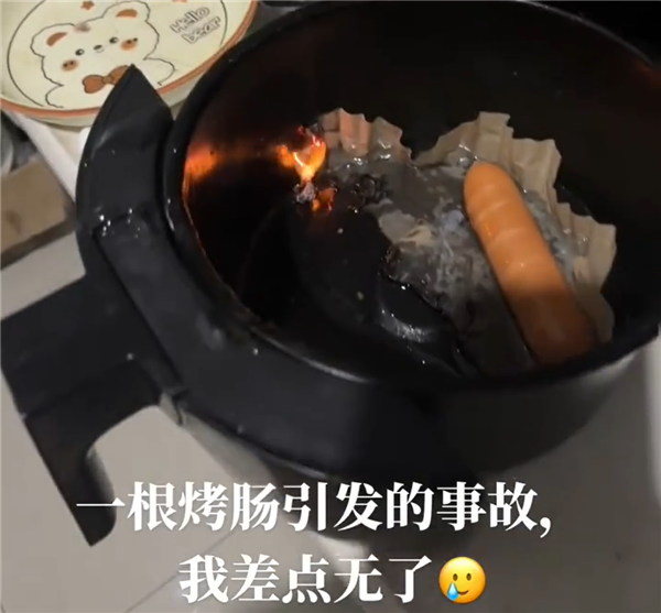 油纸别乱买!女子空气炸锅垫纸烤肠直接起火