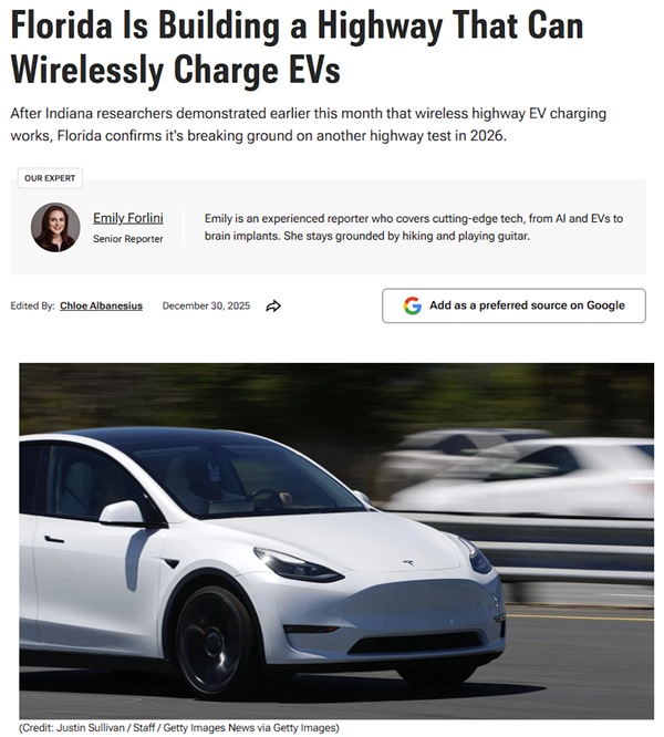 美国佛罗里达将启动无线充电高速公路测试 网友质疑实为圈钱