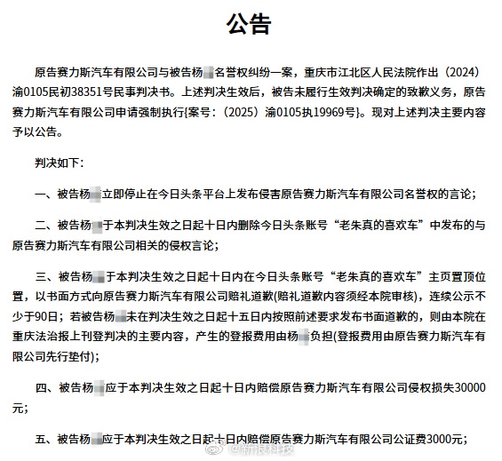 赛力斯维权胜诉 博主判赔3万元拒不执行被限高