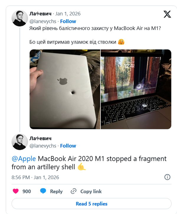 苹果救我一命！乌克兰士兵随身MacBook Air遭炮弹碎片击中还能正常运行