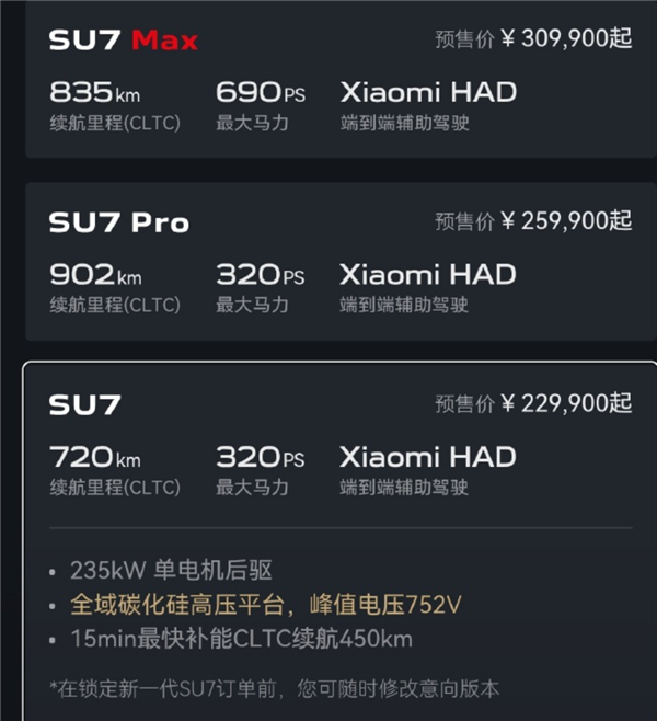 预售价闹乌龙 官方已修改!小米新SU7起售22.99万 雷军:意向金1000元上市后可退