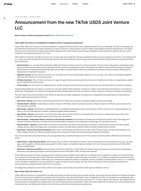 TikTok宣布美国方案 两公司共同运营 字节跳动保留算法知识产权