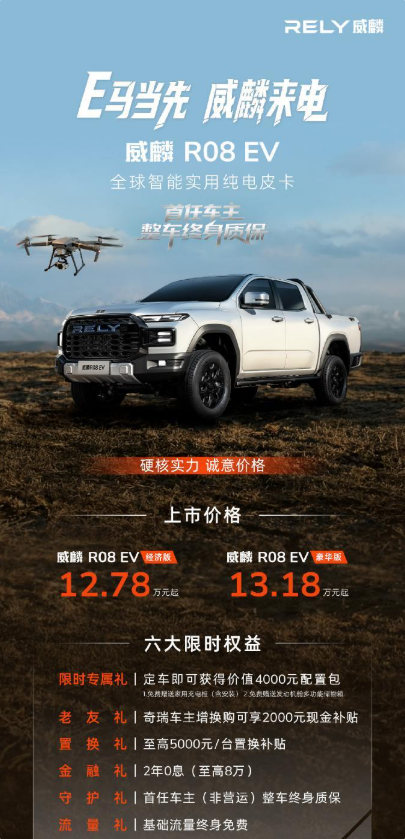 12.78万起!奇瑞首款纯电皮卡威麟R08 EV上市:最大续航510公里